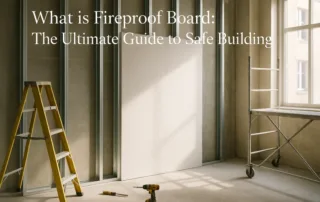 A realistic construction scene featuring a fireproof board panel on a wall, with tools and scaffolding around, illustrating fire-resistant building material.