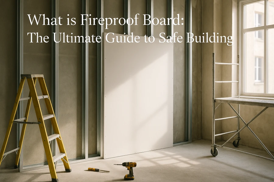 A realistic construction scene featuring a fireproof board panel on a wall, with tools and scaffolding around, illustrating fire-resistant building material.
