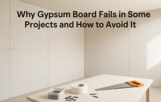 Modern interior with gypsum board installed on walls and ceilings, showing tools and materials