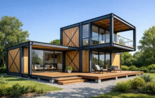 A modern modular prefabricated house with steel and wood frame, assembled on-site, surrounded by greenery