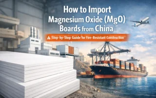Cover image for 'How to Import Magnesium Oxide (MgO) Boards from China: Step-by-Step Guide' showing white MgO boards stacked in a warehouse on the left, and a cargo ship with containers at a port on the right, symbolizing international shipping and logistics.
