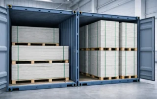 Magnesium oxide boards on pallets inside a shipping container showing mixed loading arrangement