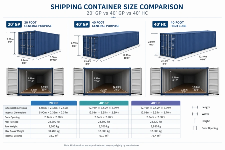 Comparison chart of 20GP, 40GP and 40HC shipping container sizes with dimensions and specifications