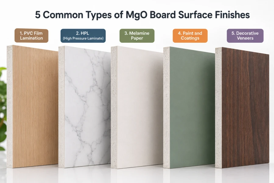 Infographic showing five common MgO board surface finishes, including PVC film lamination, HPL laminate, melamine paper, painted coating, and decorative wood veneer. Each magnesium oxide board panel displays a different texture and appearance, highlighting decorative and functional surface options for interior wall panels, furniture, and architectural applications.