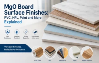 Modern promotional cover image showing stacked magnesium oxide boards with different surface finishes including PVC film, HPL laminate, painted coating, melamine, and wood veneer. The design highlights MgO board applications for decorative wall panels and interior construction, emphasizing fire resistance, moisture resistance, durability, and eco-friendly performance