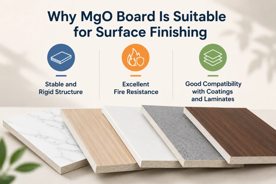 Minimalist infographic showing why magnesium oxide board is suitable for surface finishing, featuring decorative MgO panels with marble, wood grain, painted, and textured surfaces. The design highlights three key advantages: stable and rigid structure, excellent fire resistance, and strong compatibility with coatings and laminates.